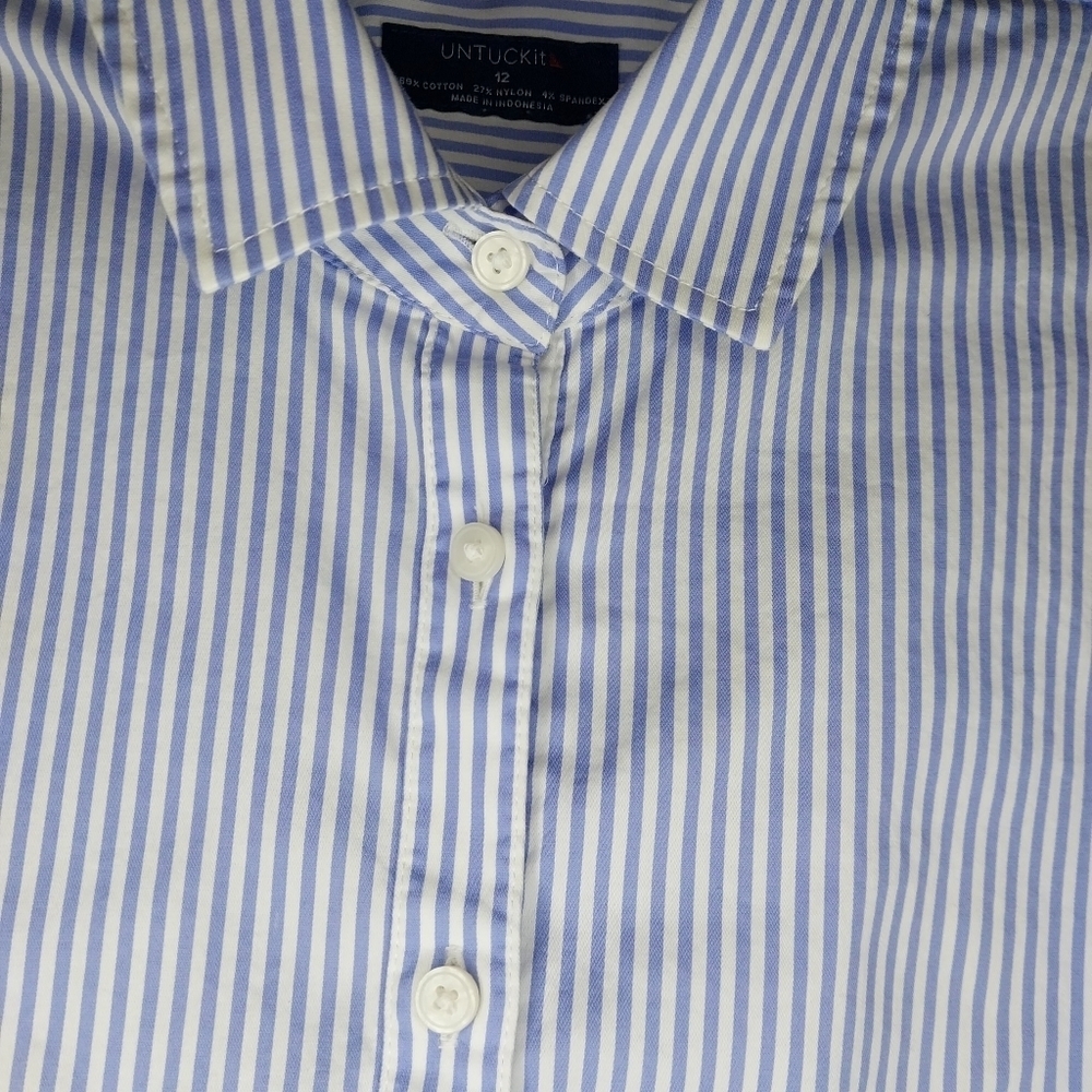 UNTUCKit Blue And White Pinstripe Tie Waist Long Sleeve Shirt Dress - Picture 8 of 13